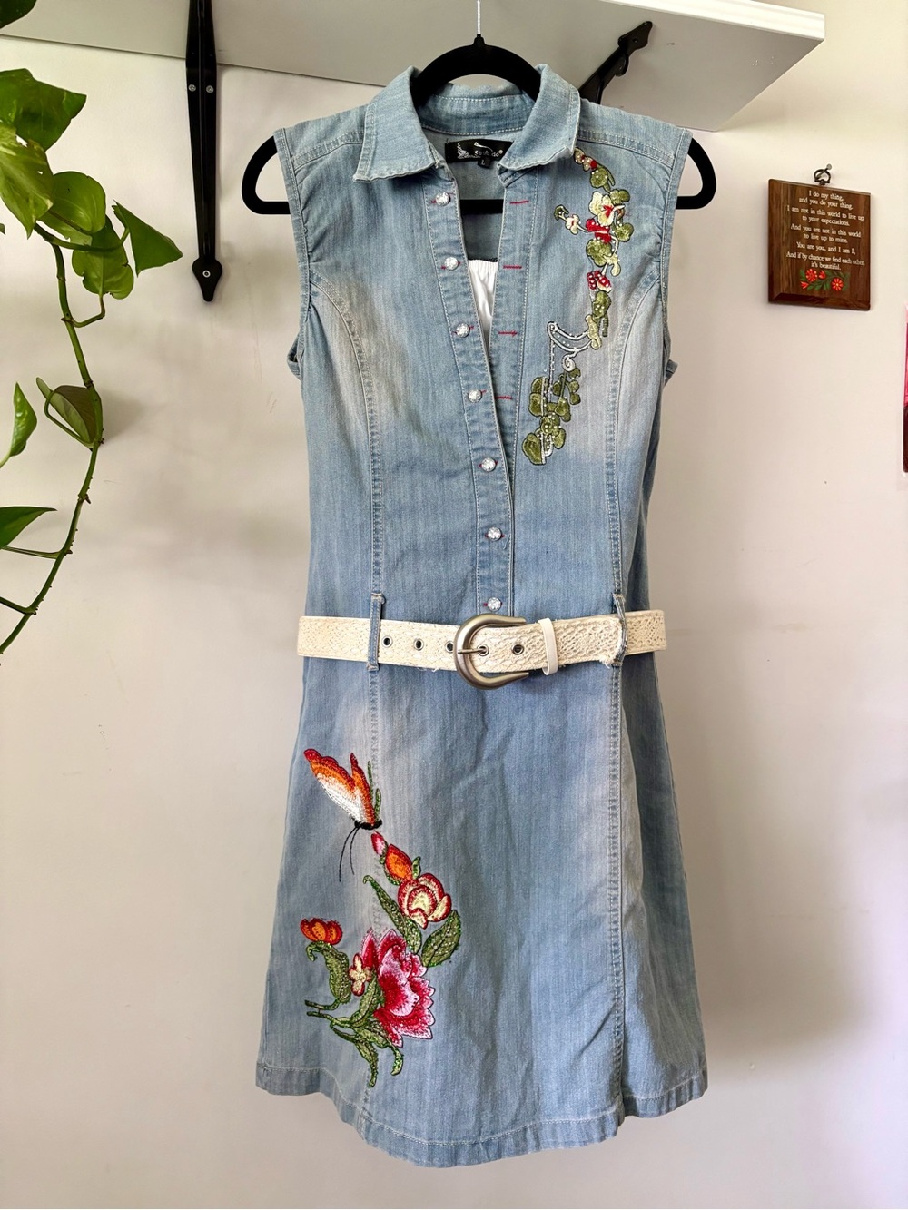 Denim Embroidered Sleeveless Dress with White Belt - Light Blue